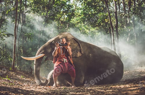 Preview: thai shepherds in the jungle with elephants. Historic lifestyle moments from thailand culture