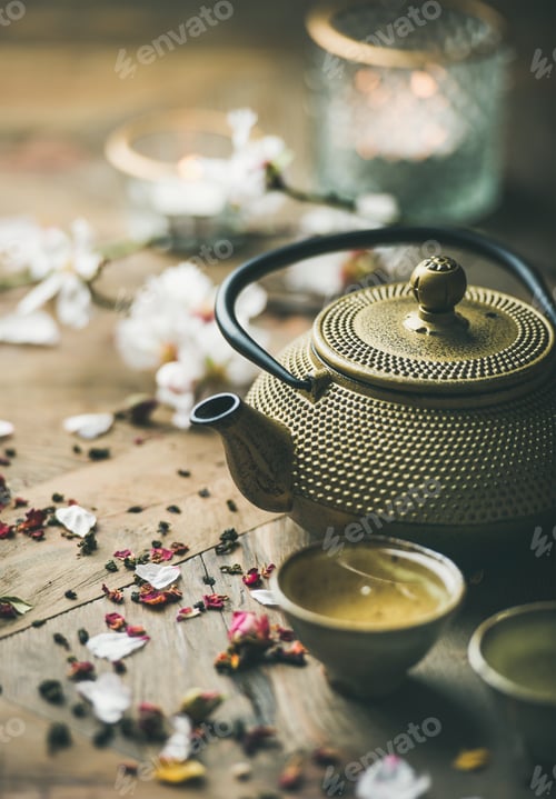 Preview: Traditional Asian tea ceremony arrangement over rustic background