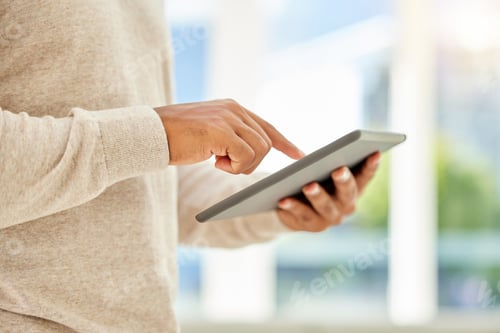 Preview: Tablet typing, creative web design and businessman marketing startup business online, working on te