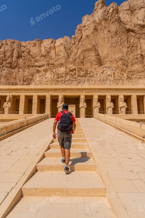 Preview: A young man on the entrance stairs to the Funerary Temple of Hatshepsut in Luxor