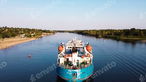 Preview: Cargo ship standing at beach. Footage. Top view of beautiful old cargo ship on river. Cargo ship