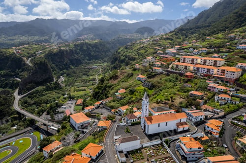 Preview: Townscape of small village of Faial in Madeira Island, Portugal. Aerial drone view.