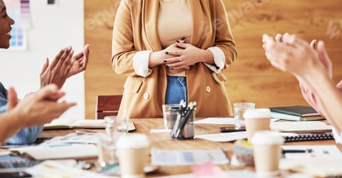 Preview: Hands, happy and business people clapping for success in a meeting or presentation of a company. Te