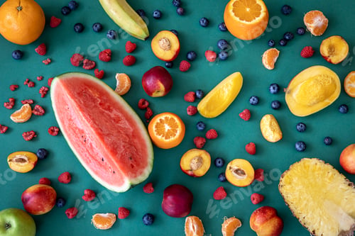 Preview: Tropical fruits on a blue background, flat lay.