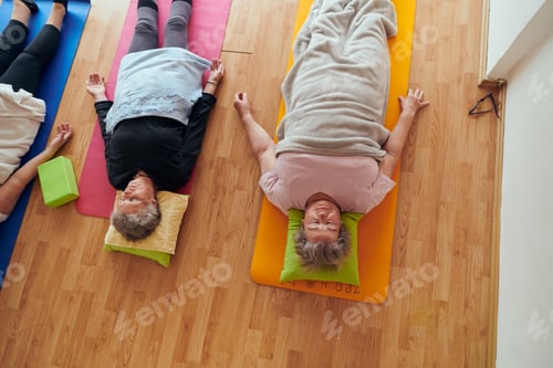 Preview: Top view of group of senior women engage in various yoga exercises, including neck, back, and leg