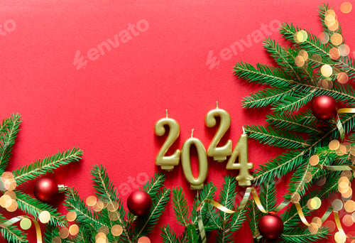 Preview: Happy new year frame. Christmas card banner with Christmas tree branches and gold candle