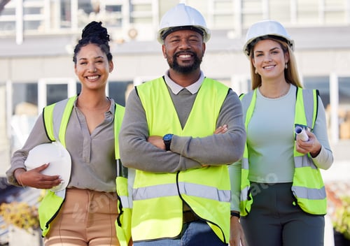 Preview: Architect, leader and black man construction worker, team smile in portrait with women and diversit