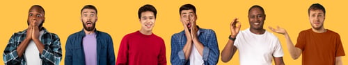 Preview: Males emotions cocnept. Multiracial guys gesturing and grimacing on yellow