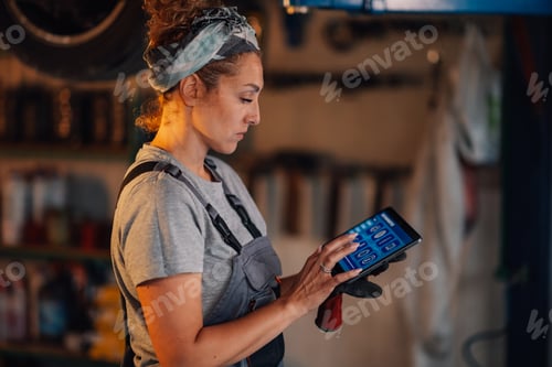 Preview: Side view of female technician doing car diagnostics at mechanic shop.