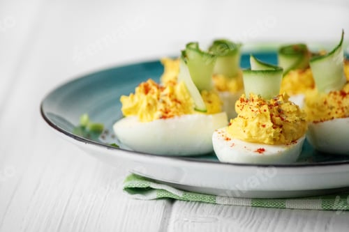 Preview: Stuffed eggs. The concept of food, breakfast, catering