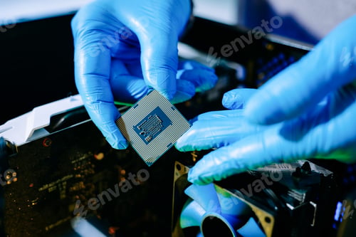 Preview: Closeup of technician with gloves installing CPU chip on motherboard near cooling fan,
