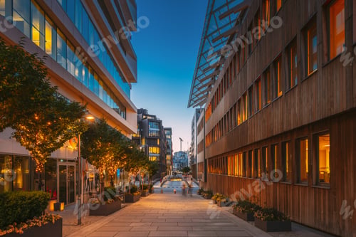 Preview: Oslo, Norway. Night View Embankment And Residential Multi-storey Houses In Aker Brygge District