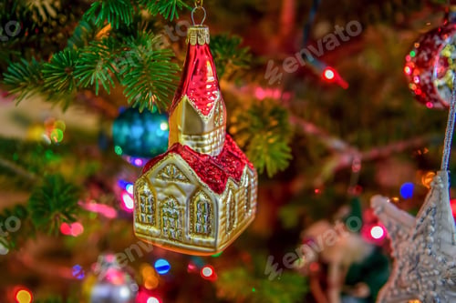 Preview: Closeup of vintage ornament on a Christmas tree branch
