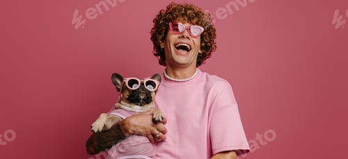 Preview: Joyful young curly hair man holding French Bulldog pet in funky glasses and smiling