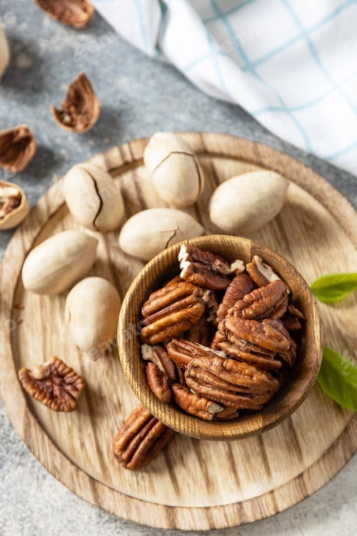 Preview: Bowl with pecan nuts on a stone table.