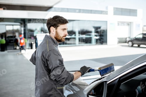 Preview: Worker washing car windshield at the station