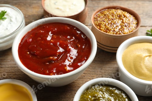Preview: Set of different delicious sauces on wooden table, closeup