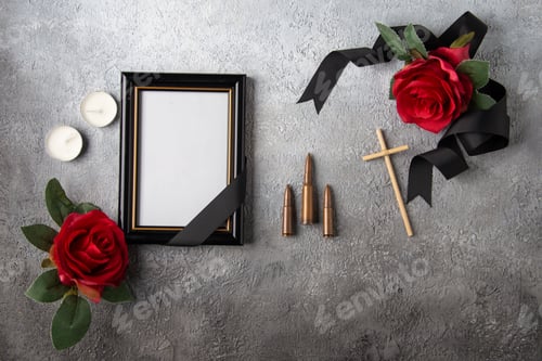 Preview: top view red flower with picture frame on light surface war soldier