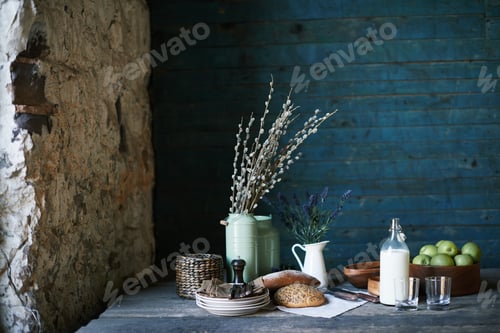 Preview: Still life of served table with homemade bread, fresh milk and apples