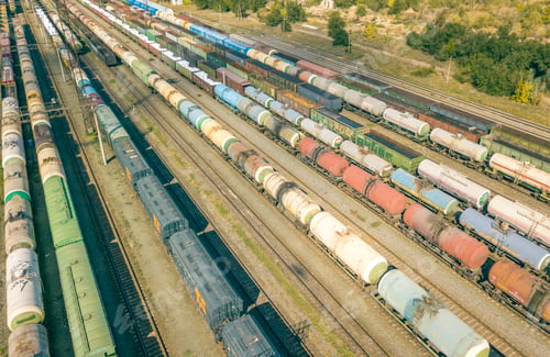 Preview: aerial view of cargo train depot station shipping and transport wagons, industry concept f