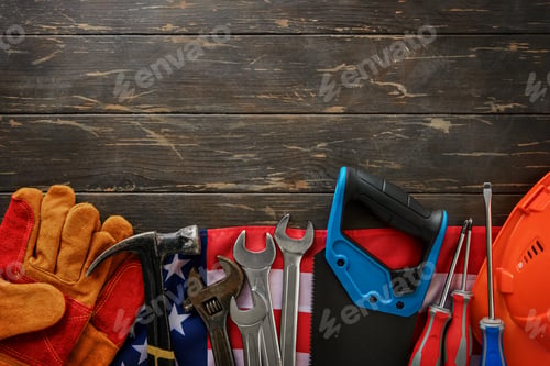Preview: Happy Labor Day. Construction tools hammer, wrench, screwdriver, pliers, construction helmet