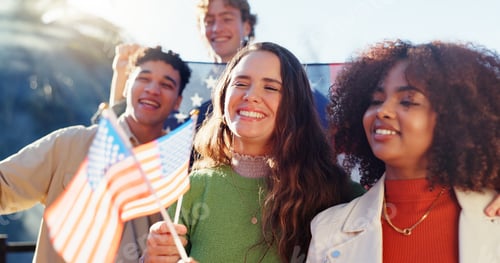 Preview: Group, friends and USA flag at outdoor party, happy and celebration for union in Florida. Men, wome