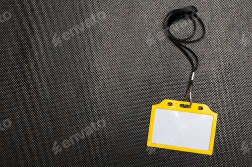 Preview: ID badge on a black textured surface with a yellow holder and a lanyard