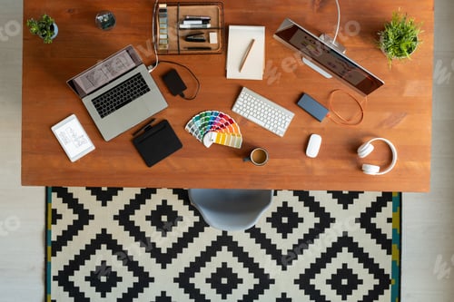 Preview: Flat layout of table with hardware and other supplies for work of designer