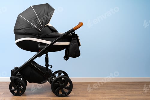 Preview: Baby stroller indoor. Empty place for text
