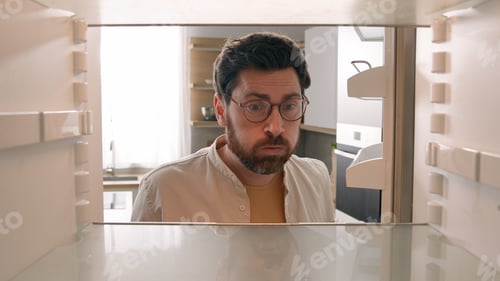 Preview: Point of view POV inside refrigerator Caucasian hungry man male homeowner householder unemployed guy