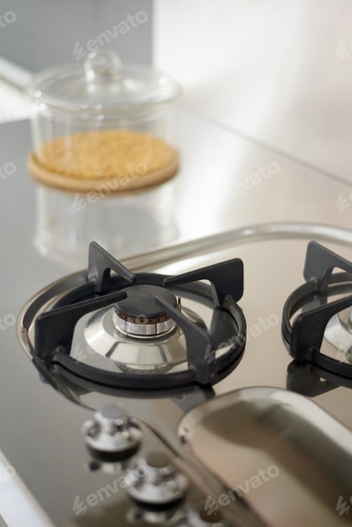 Preview: Detail of a gas kitchen in stainless steel