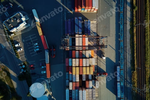 Preview: Container warehouse, aerial view. Shipping and logistic concept