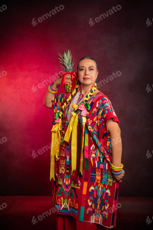 Preview: A woman wearing a colorful dress holding a pineapple