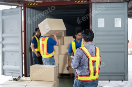 Preview: Workers open steel 40 feet container doors carry box supervisor standing check paper checklist