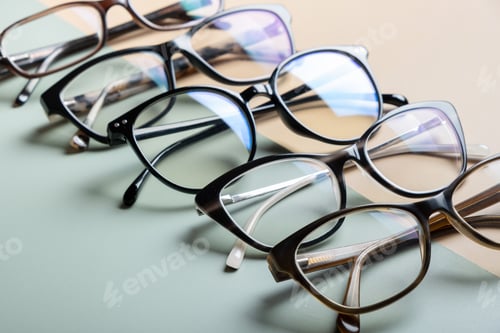 Preview: Stylish eyeglasses on colored background. Optical store, vision test, stylish glasses concept.
