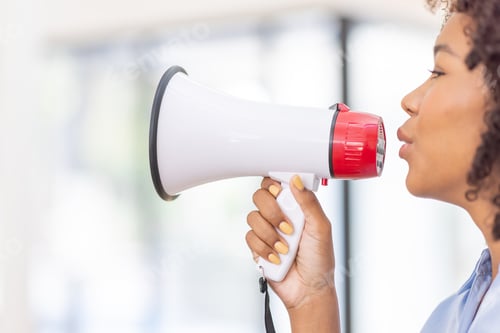 Preview: Business black african woman shouting on the megaphone. making Comment, reply, fail, notice and