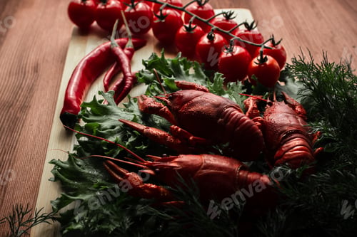 Preview: boiled crawfish on lettuce leaves with vegetables on a cutting Board