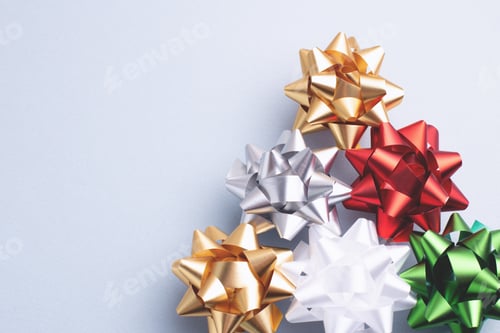 Preview: Festive Christmas ornaments on blue-grey background with text space.