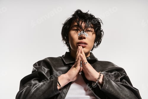 Preview: Modern portrait of asian model in leather jacket posing in studio