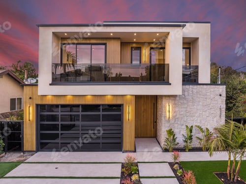 Preview: Modern two-story house at sunset