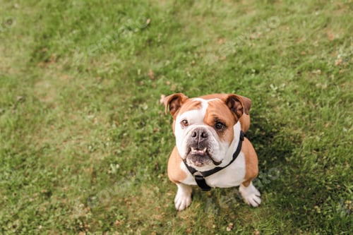 Preview: Bulldog dog playing on the grass in the park