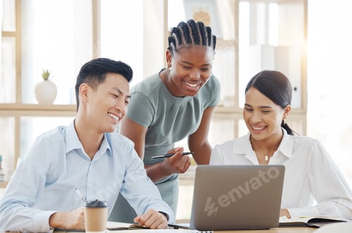 Preview: Coaching, teamwork and partnership, black woman manager and startup partners with a laptop going ov