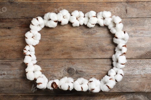 Preview: Frame of cotton flowers on wooden background, flat lay. Space for text