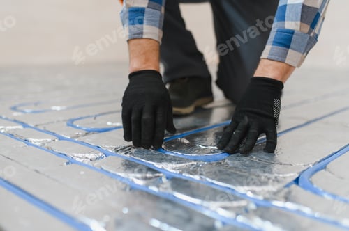 Preview: Master installs the overlapping thermal insulation in the room. Floor heating installation.