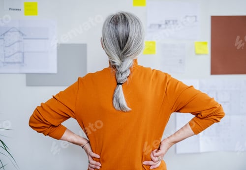 Preview: Rear view of senior woman architect standing indoors at home, standing and working.