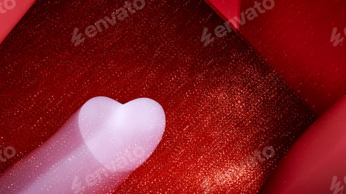Preview: Abstract photography of defocused pink heart flying as comet in motion on red glittering background.