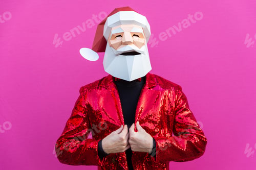 Preview: Man with funny low poly mask on colored background