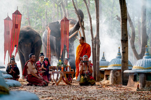 Preview: Group of people of mahout village join in traditional ceremony together in front of elephant