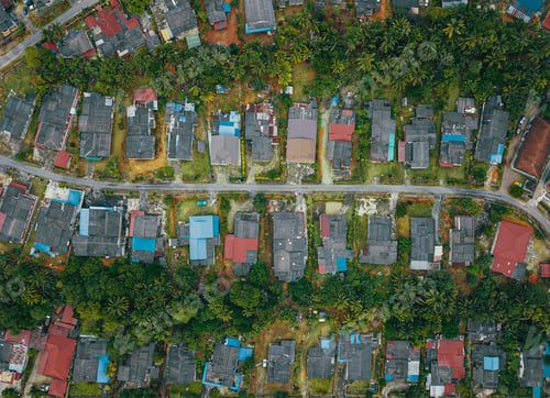 Preview: Drone shot of houses from top view in Felda Air Tawar 4, Kota Tinggi, Johor, Malaysia