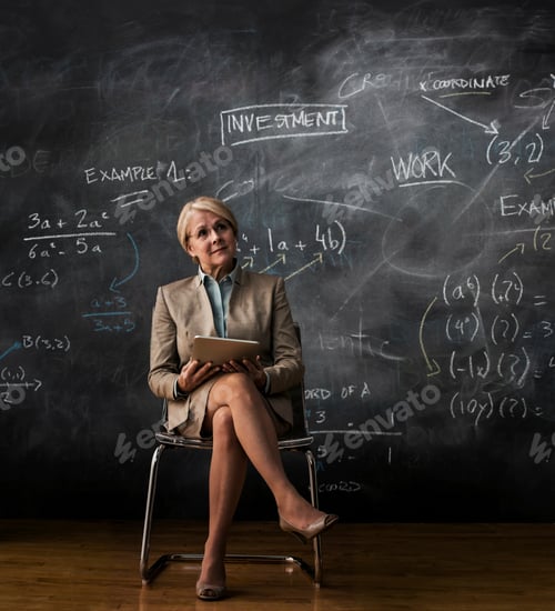 Preview: Businesswoman sitting on chair with digital tablet and blackboard